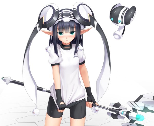 Anime picture 1200x984 with phantasy star phantasy star online 2 sega rupika (pso2) eto single long hair blush blue eyes black hair pointy ears girl gloves uniform hat fingerless gloves gym uniform leggings