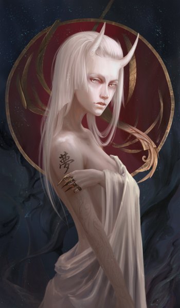 Anime picture 1500x2568 with n-is-nothing single long hair tall image breasts light erotic standing white hair parted lips horn (horns) lips tattoo hieroglyph covering oni horns white eyes girl