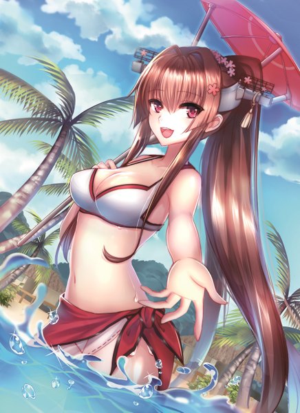 Anime picture 1020x1403 with kantai collection yamato super battleship mallizmora single long hair tall image looking at viewer blush fringe breasts open mouth light erotic hair between eyes large breasts payot cloud (clouds) ponytail pink eyes from below beach