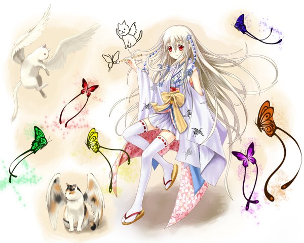 Anime picture 1280x1024 with setona (daice) single long hair red eyes white hair flying painting girl thighhighs bow detached sleeves animal white thighhighs wings insect butterfly cat