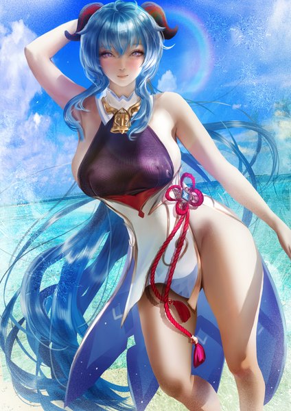 Anime picture 2475x3500 with genshin impact ganyu (genshin impact) donyta single tall image looking at viewer blush fringe highres breasts light erotic hair between eyes large breasts standing purple eyes bare shoulders payot blue hair sky cloud (clouds)