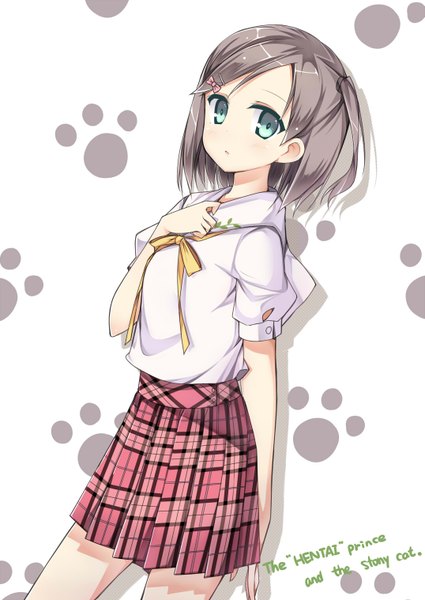 Anime picture 1075x1518 with hentai ouji to warawanai neko j.c. staff tsutsukakushi tsukiko amemiya ruki single tall image looking at viewer blush short hair black hair one side up hand on chest girl skirt uniform hair ornament ribbon (ribbons) hair ribbon school uniform shirt