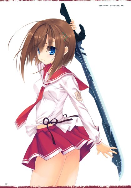 Anime picture 2653x3800 with hidan no aria tooyama kaname kobuichi single tall image looking at viewer highres short hair blue eyes light erotic simple background brown hair white background scan girl skirt uniform weapon school uniform miniskirt