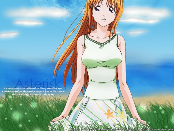 Anime picture 1024x768 with bleach studio pierrot inoue orihime single fringe breasts purple eyes bare shoulders signed looking away sky cloud (clouds) upper body outdoors wind orange hair beach sand girl skirt