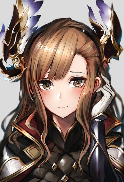 Anime picture 1069x1570 with granblue fantasy song (granblue fantasy) watao single long hair tall image looking at viewer blush fringe simple background brown hair brown eyes light smile grey background embarrassed adjusting hair portrait girl gloves hair ornament