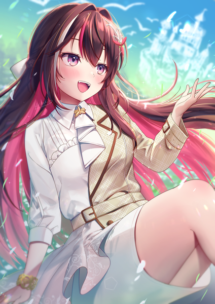 Anime picture 1414x2000 with virtual youtuber hololive azki (hololive) azki (4th costume) (hololive) kirisaki shuusei single long hair tall image blush fringe open mouth hair between eyes brown hair sitting purple eyes looking away pink hair :d multicolored hair streaked hair