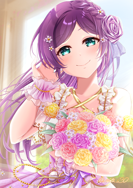 Anime picture 3541x5016 with love live! school idol project sunrise (studio) love live! toujou nozomi nota ika single long hair tall image looking at viewer blush highres smile signed absurdres purple hair upper body head tilt aqua eyes twitter username girl