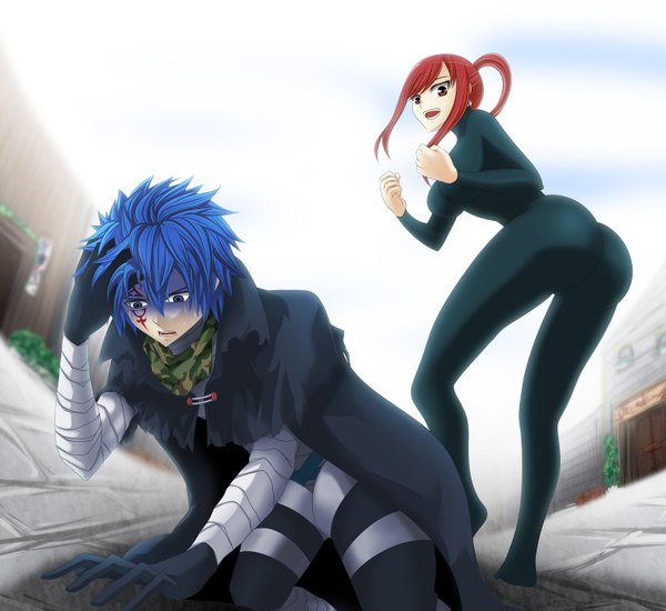 Anime picture 1464x1343 with fairy tail erza scarlet mystogan blackrabbit0626 long hair short hair open mouth blue eyes light erotic smile red eyes blue hair sky ass ponytail red hair looking back sunlight from below face paint