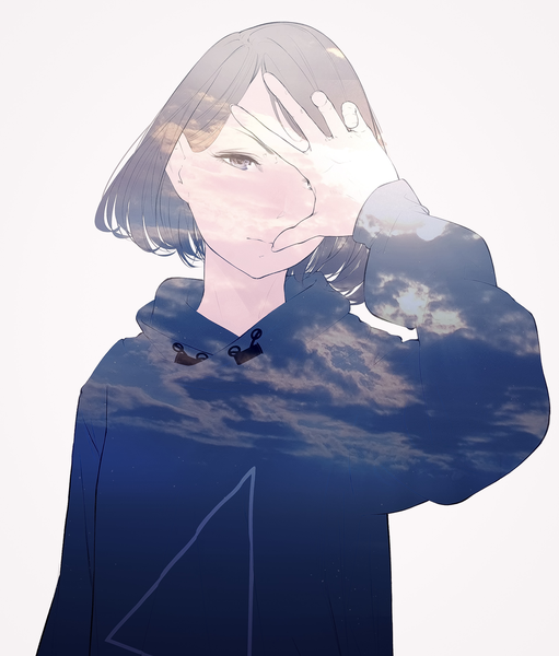 Anime picture 1500x1761 with original sousou (sousouworks) single tall image looking at viewer short hair simple background brown hair upper body light covering eye (eyes) double exposure sky print girl hood hoodie