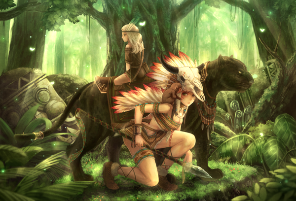 Anime picture 1227x836 with original yazuwo long hair looking at viewer sitting multiple girls brown eyes green eyes bent knee (knees) white hair girl weapon 2 girls plant (plants) animal tree (trees) forest spear monkey panther