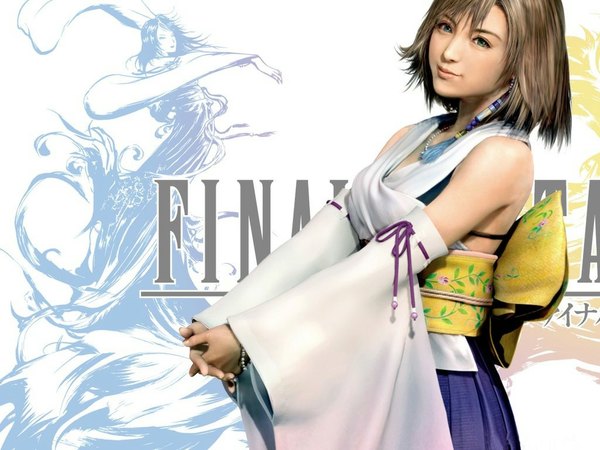 Anime picture 1024x768 with final fantasy final fantasy x final fantasy x-2 square enix yuna (ff10) short hair blue eyes brown hair green eyes