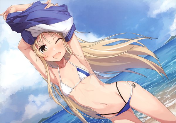 Anime picture 4297x3026 with kantai collection shimakaze destroyer takanashi kei (hitsujikan) single long hair blush highres breasts open mouth light erotic blonde hair smile yellow eyes absurdres sky cloud (clouds) one eye closed wink scan arms up