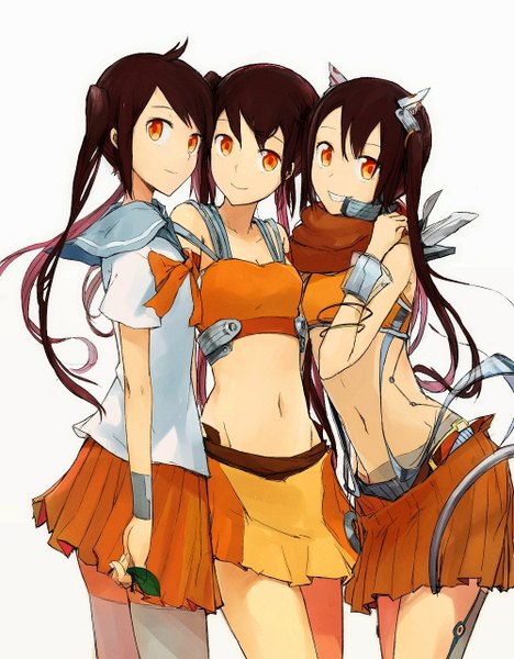 Anime picture 1000x1281 with arancia project original arancia francisco valle long hair tall image looking at viewer black hair simple background smile white background twintails multiple girls orange eyes alternate costume group multiple persona girl thighhighs navel