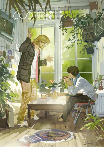 Anime picture 992x1403 with original hjl tall image blonde hair brown hair signed inscription multiple boys grin boy plant (plants) glasses jacket window 2 boys pants chair couch table potted plant