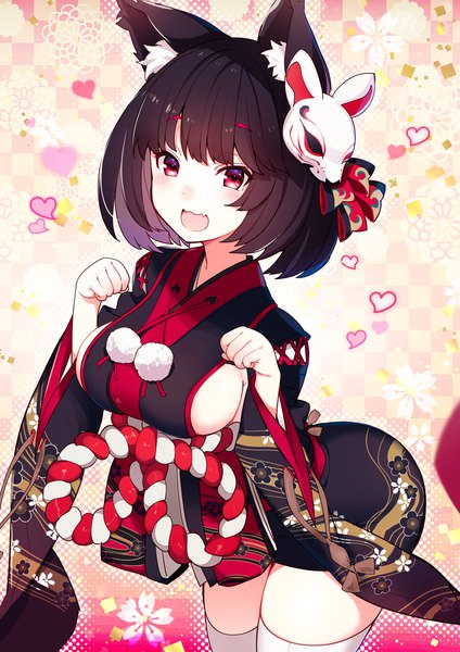 Anime picture 992x1403 with azur lane yamashiro (azur lane) kat (bu-kunn) single tall image looking at viewer blush fringe short hair breasts open mouth light erotic black hair smile red eyes large breasts standing animal ears long sleeves traditional clothes