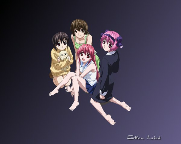 Anime picture 1280x1024 with elfen lied arms corporation lucy nana (elfen lied) mayu yuka kishimoto seiji long hair looking at viewer short hair open mouth black hair smile red eyes brown hair sitting bare shoulders multiple girls brown eyes pink eyes