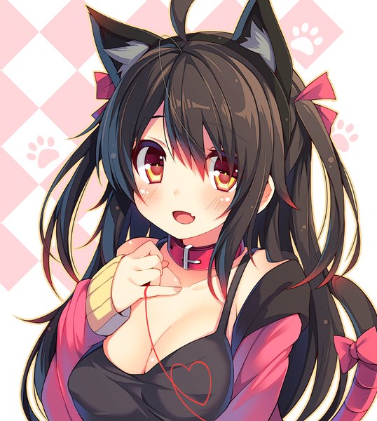 Anime picture 800x893 with original meina (atlanta) chiri (atlanta) long hair tall image looking at viewer blush fringe breasts open mouth light erotic black hair simple background smile white background twintails brown eyes animal ears payot ahoge