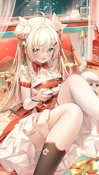 Anime picture 844x1500 with virtual youtuber indie virtual youtuber c chan (vtuber) chen bin single long hair tall image looking at viewer blush fringe open mouth blue eyes light erotic blonde hair sitting holding ahoge indoors blunt bangs :d