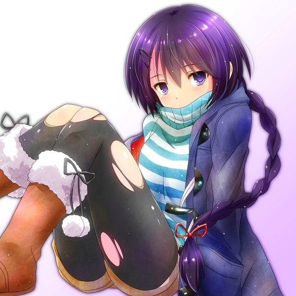 Anime picture 1850x1850 with original watarui single long hair looking at viewer highres purple eyes purple hair braid (braids) open clothes open jacket torn pantyhose girl pantyhose jacket shorts boots