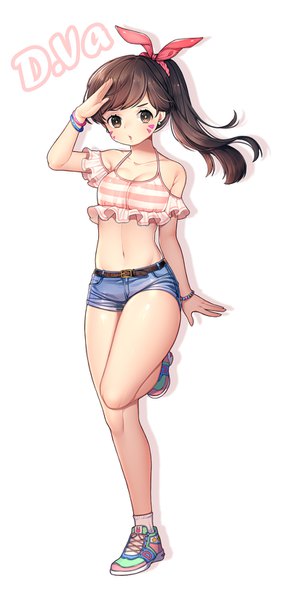 Anime picture 800x1644 with overwatch blizzard entertainment d.va (overwatch) jiji (wldms9313) single tall image looking at viewer fringe breasts light erotic simple background brown hair standing white background bare shoulders cleavage full body bent knee (knees) ponytail bare belly