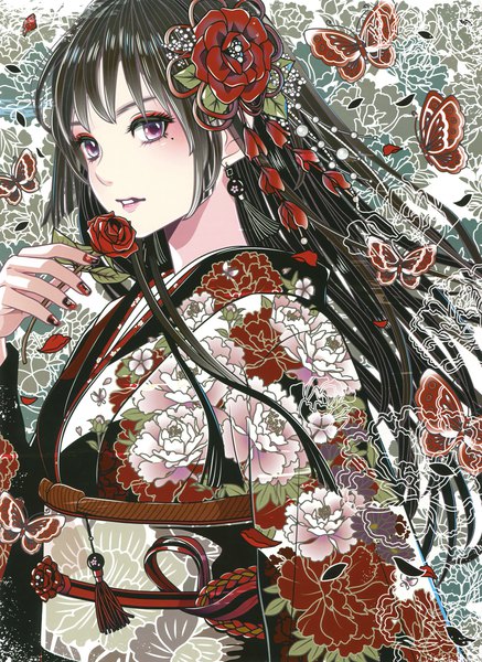 Anime picture 2186x3000 with original eshi 100-nin ten eri kamijou single long hair tall image looking at viewer fringe highres black hair purple eyes holding upper body nail polish traditional clothes parted lips japanese clothes hair flower fingernails scan