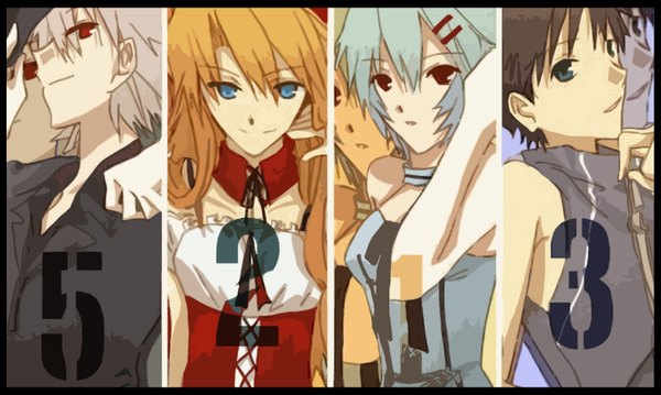 Anime picture 1625x974 with neon genesis evangelion rebuild of evangelion evangelion: 2.0 you can (not) advance gainax soryu asuka langley ayanami rei ikari shinji nagisa kaworu long hair short hair blue eyes red eyes brown hair wide image multiple girls green eyes blue hair red hair light smile grey hair