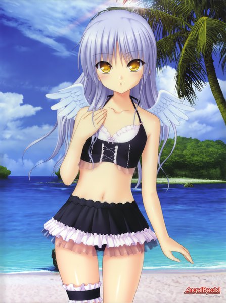 Anime picture 3294x4423 with angel beats! key (studio) tachibana kanade na-ga single long hair tall image looking at viewer fringe highres open mouth light erotic standing bare shoulders yellow eyes absurdres sky silver hair cloud (clouds) outdoors