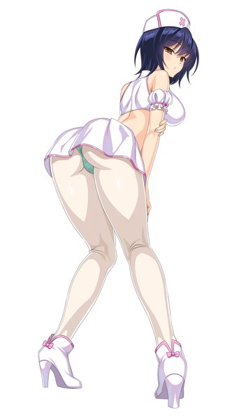 Anime picture 1000x1750 with valkyrie drive arms corporation kouno yuria cle masahiro single tall image short hair light erotic simple background white background brown eyes blue hair looking away ass nurse girl skirt uniform underwear panties