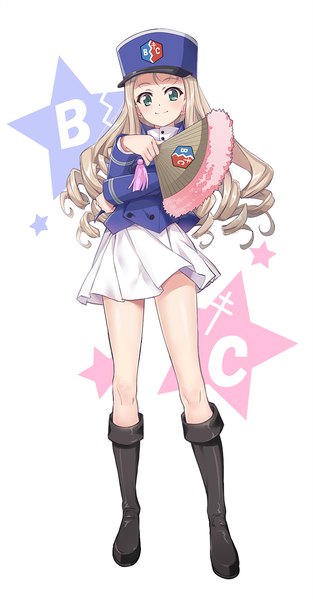 Anime picture 732x1403 with girls und panzer marie (girls und panzer) nyoronyoro single long hair tall image looking at viewer blonde hair smile standing white background green eyes bare legs drill hair girl skirt hat miniskirt star (symbol) knee boots