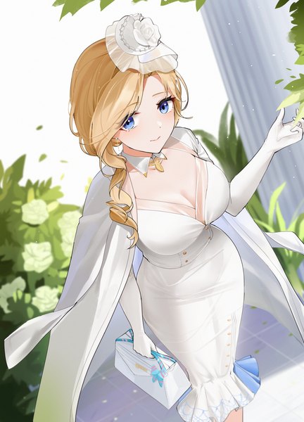 Anime picture 3819x5308 with azur lane hood (azur lane) hood (dawnlight's dame) (azur lane) qing wu single long hair tall image looking at viewer blush highres breasts blue eyes blonde hair large breasts standing holding absurdres cleavage arm up from above