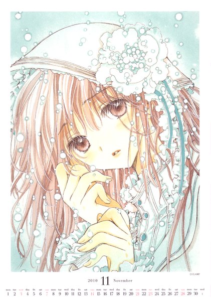 Anime picture 2098x2990 with kobato clamp hanato kobato single long hair tall image blush highres pink hair pink eyes scan snowing winter close-up snow 2010 calendar 2010 girl flower (flowers) bonnet