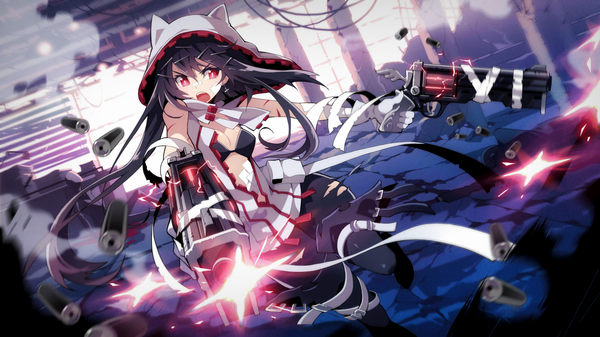 Anime-Bild 1280x720 mit soul worker iris yuma single long hair highres open mouth black hair red eyes wide image animal ears cat ears torn clothes smoke lightning casing ejection girl gloves hair ornament weapon earrings