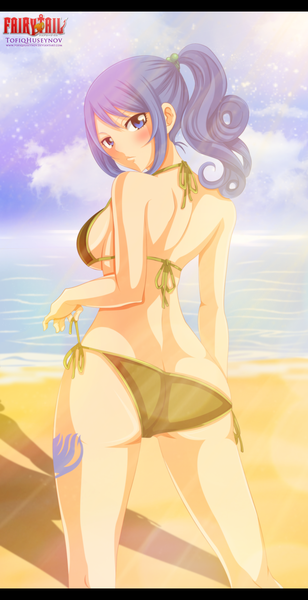Anime picture 1335x2600 with fairy tail juvia lockser tofiqhuseynov single long hair tall image blush blue eyes light erotic blue hair sky cloud (clouds) ponytail looking back sunlight inscription shadow tattoo copyright name beach