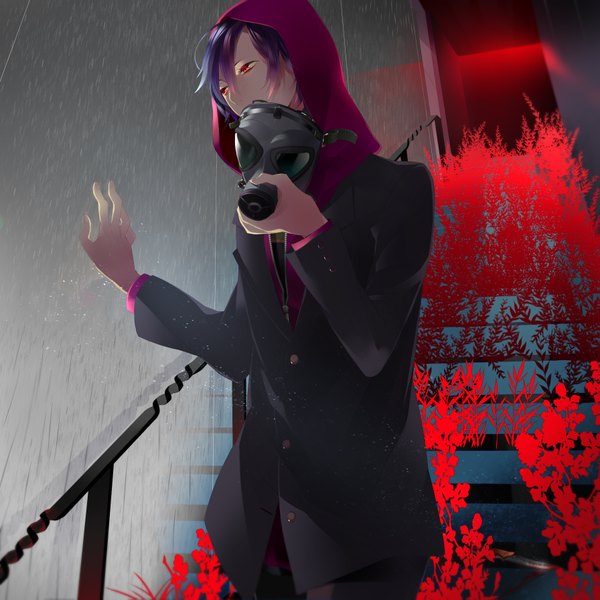 Anime picture 1791x1791 with nico nico singer fukuwa kanamura ren single fringe highres short hair red eyes looking away purple hair arms up rain against glass boy plant (plants) hood suit hoodie stairs railing