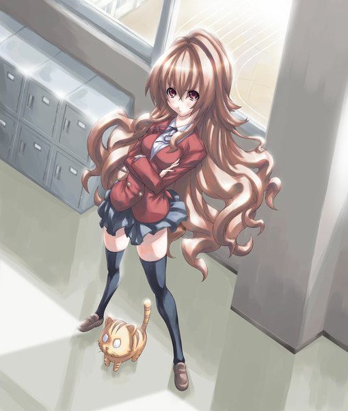 Anime picture 866x1019 with toradora j.c. staff aisaka taiga teku (2nd escape) single tall image looking at viewer blush red eyes brown hair very long hair girl thighhighs uniform black thighhighs school uniform animal cat