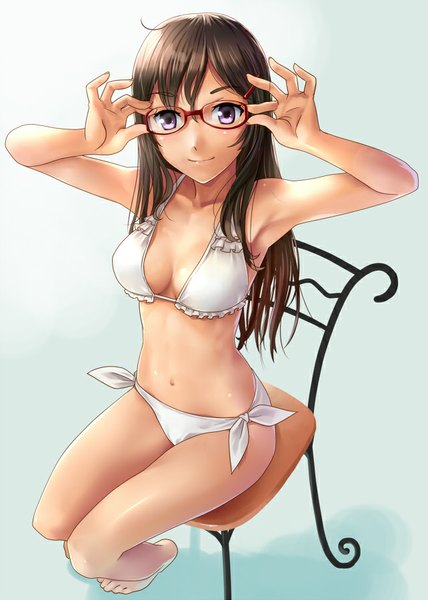 Anime picture 642x900 with original katahira masashi single long hair tall image looking at viewer blush breasts light erotic simple background brown hair sitting purple eyes barefoot bare belly girl navel swimsuit glasses side-tie bikini