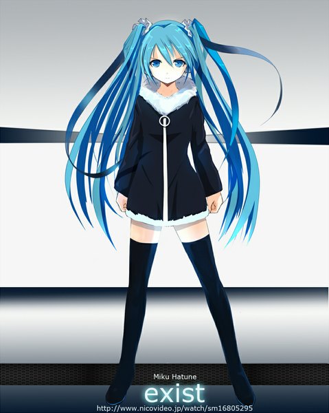 Anime picture 862x1080 with vocaloid hatsune miku h016 single long hair tall image looking at viewer blue eyes twintails blue hair girl thigh boots