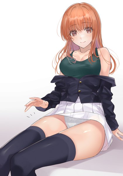 Anime picture 1390x1985 with girls und panzer takebe saori mexif single long hair tall image looking at viewer light erotic simple background smile white background sitting brown eyes cleavage pleated skirt orange hair pantyshot gradient background pantyshot sitting girl