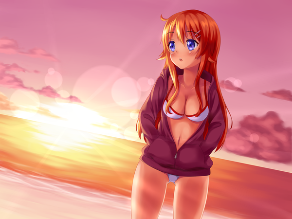 Anime picture 1584x1188 with ore no imouto ga konna ni kawaii wake ga nai kousaka kirino nottytiffy single long hair blush blue eyes light erotic sky cloud (clouds) parted lips sunlight orange hair evening sunset hands in pockets girl navel uniform hair ornament