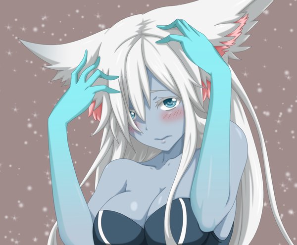 Anime picture 1000x826 with league of legends lissandra (league of legends) flowerinhell single long hair looking at viewer blush fringe breasts blue eyes light erotic bare shoulders animal ears cleavage white hair lips sleeveless girl