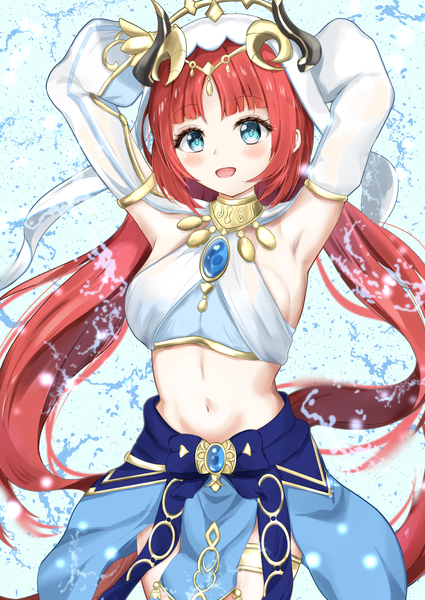 Anime picture 1254x1771 with genshin impact nilou (genshin impact) shirotsuki shirone single long hair tall image looking at viewer blush fringe open mouth light erotic simple background smile standing twintails red hair blunt bangs long sleeves :d horn (horns)