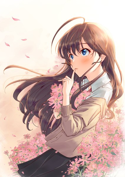 Anime picture 778x1100 with idolmaster idolmaster cinderella girls ichinose shiki fumiya-taketatsu single long hair tall image blush fringe blue eyes simple background hair between eyes brown hair standing holding looking away ahoge wind off shoulder finger to mouth