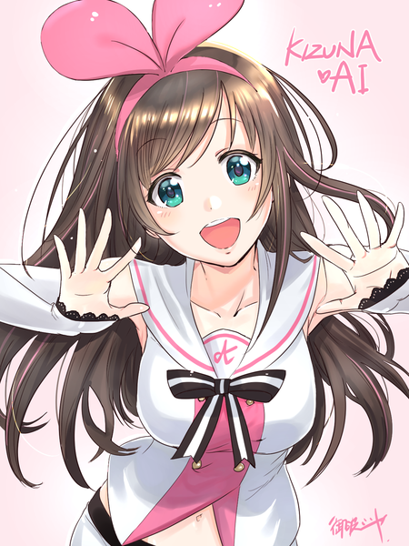 Anime picture 1200x1600 with virtual youtuber a.i. channel kizuna ai tare7gasi mi single long hair tall image looking at viewer blush fringe open mouth simple background brown hair green eyes signed upper body :d character names pink background sailor collar