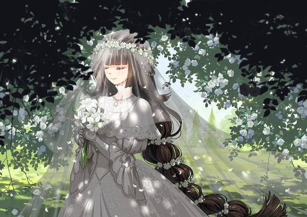 Anime picture 1100x778 with nuoya huanxiang noah fantasy tagme (character) seeker single fringe standing holding payot outdoors blunt bangs eyes closed very long hair hair flower light smile wind wide sleeves official art girl dress