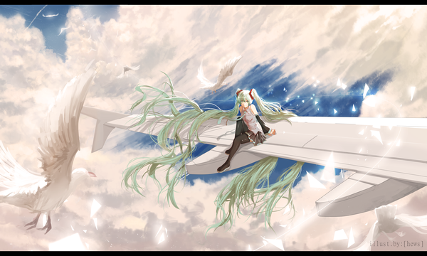 Anime picture 6250x3750 with vocaloid hatsune miku hews single highres wide image twintails bare shoulders absurdres sky cloud (clouds) very long hair aqua eyes aqua hair girl skirt detached sleeves animal necktie boots