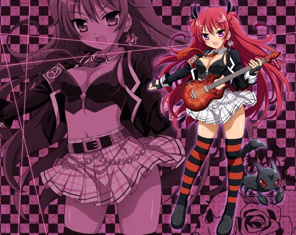 Anime picture 1280x1018 with original wanaca long hair blush open mouth light erotic smile red eyes pink hair pleated skirt pink eyes zoom layer checkered girl thighhighs earrings animal necktie fingerless gloves chain