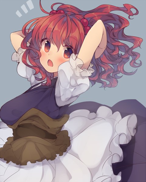 Anime picture 1024x1281 with touhou onozuka komachi usamata single long hair tall image looking at viewer blush fringe open mouth simple background red eyes red hair grey background :o two side up puffy sleeves wavy hair arms behind head girl