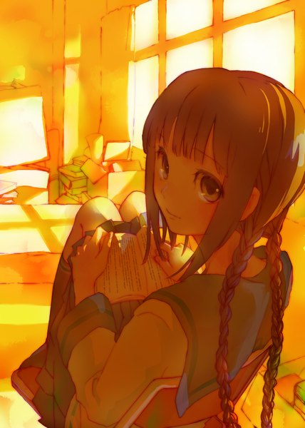 Anime picture 1500x2102 with bungaku shoujo amano tooko tall image blush smile twintails yellow eyes classroom uniform school uniform book (books)