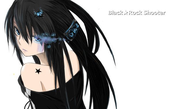 Anime picture 2850x1800 with black rock shooter black rock shooter (character) surolen (artist) long hair fringe highres blue eyes black hair white background bare shoulders looking back glowing glowing eye (eyes) girl star (symbol) skull