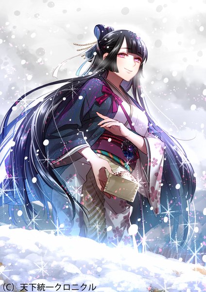 Anime picture 723x1023 with original tayuya1130 kazari tayu single long hair tall image looking at viewer fringe breasts black hair smile holding blunt bangs traditional clothes japanese clothes pink eyes snowing snow hime cut girl